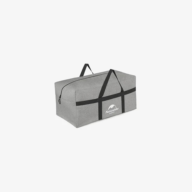 Gray duffel bag with black straps on a white background