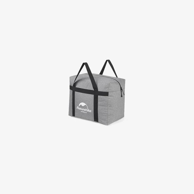 Gray carrying bag with black straps on a white background