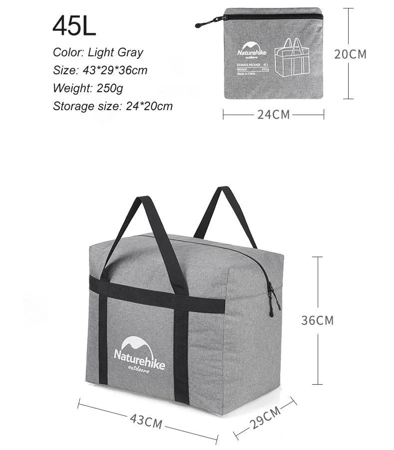 Gray duffel bag with black straps and Naturehike logo, shown with measurements and specifications.