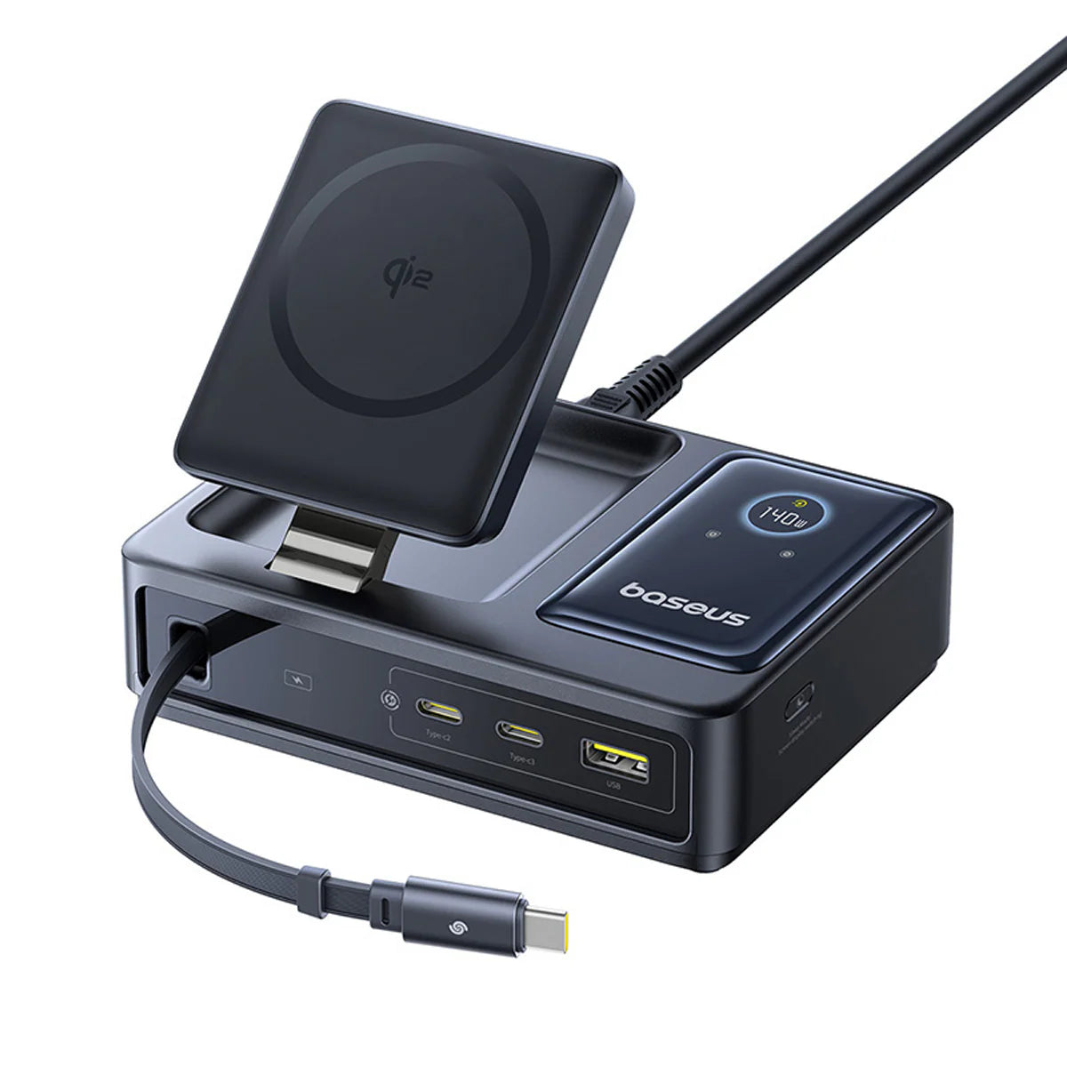 Boseus charging station with wireless charging pad and multiple ports on a white background
