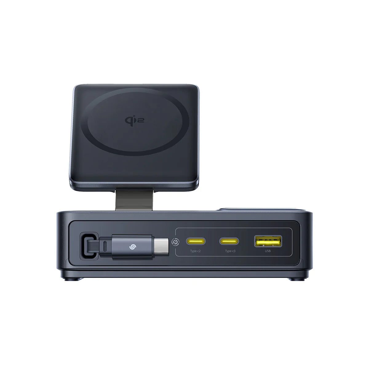 Black electronic device with Qi wireless charging pad on a white background
