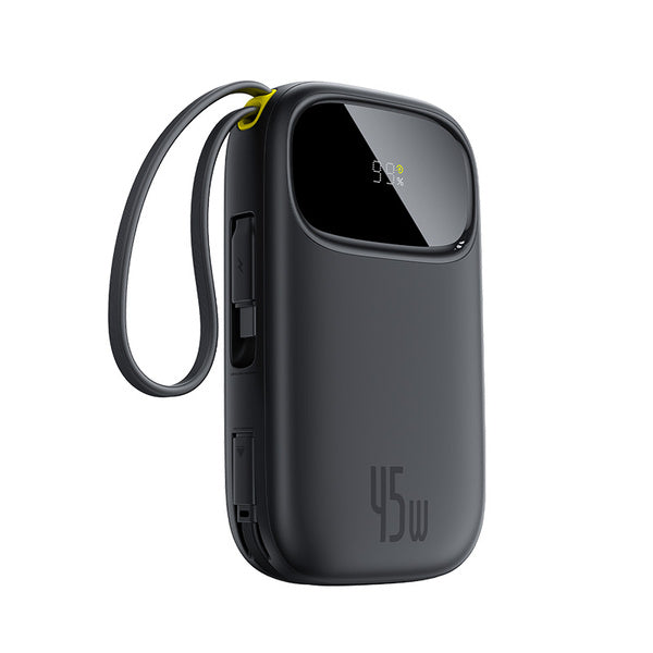 Black portable power bank with digital display on a white background