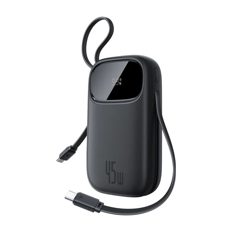 Black portable charger with USB cable on a white background