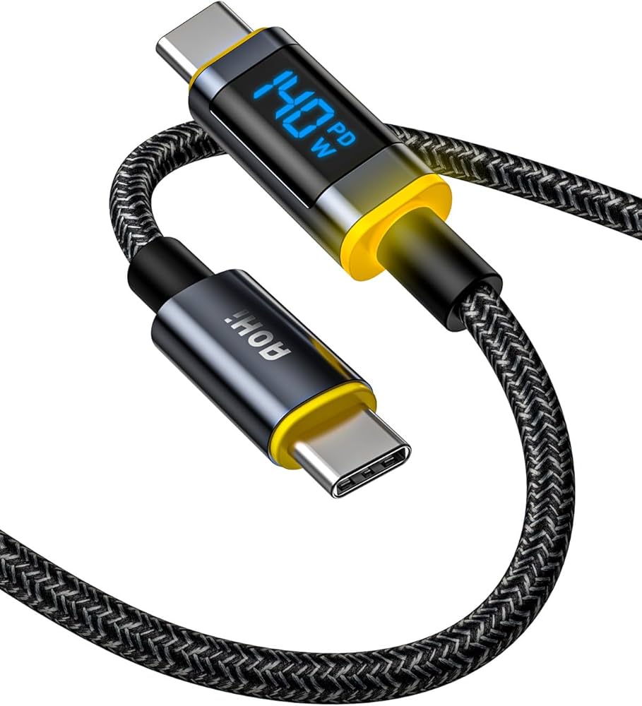 Black and yellow USB-C cable with digital display on a white background