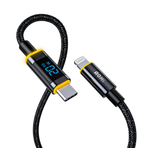 Multifunctional charging cable with digital display and multiple connectors on a white background