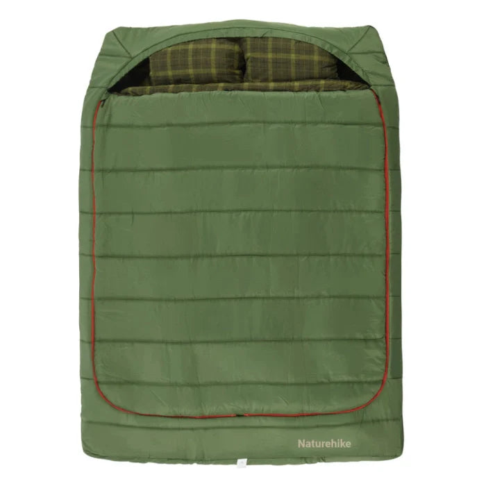 Green sleeping bag with red stitching on a white background, featuring the Naturehike brand.