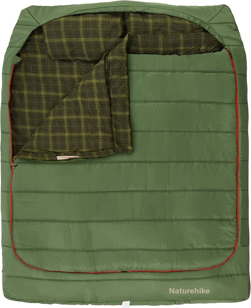 Green sleeping bag with plaid lining, brand 'Naturehike' visible