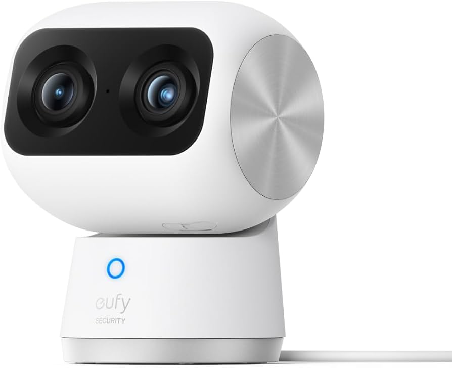 White security camera with two lenses on a white background