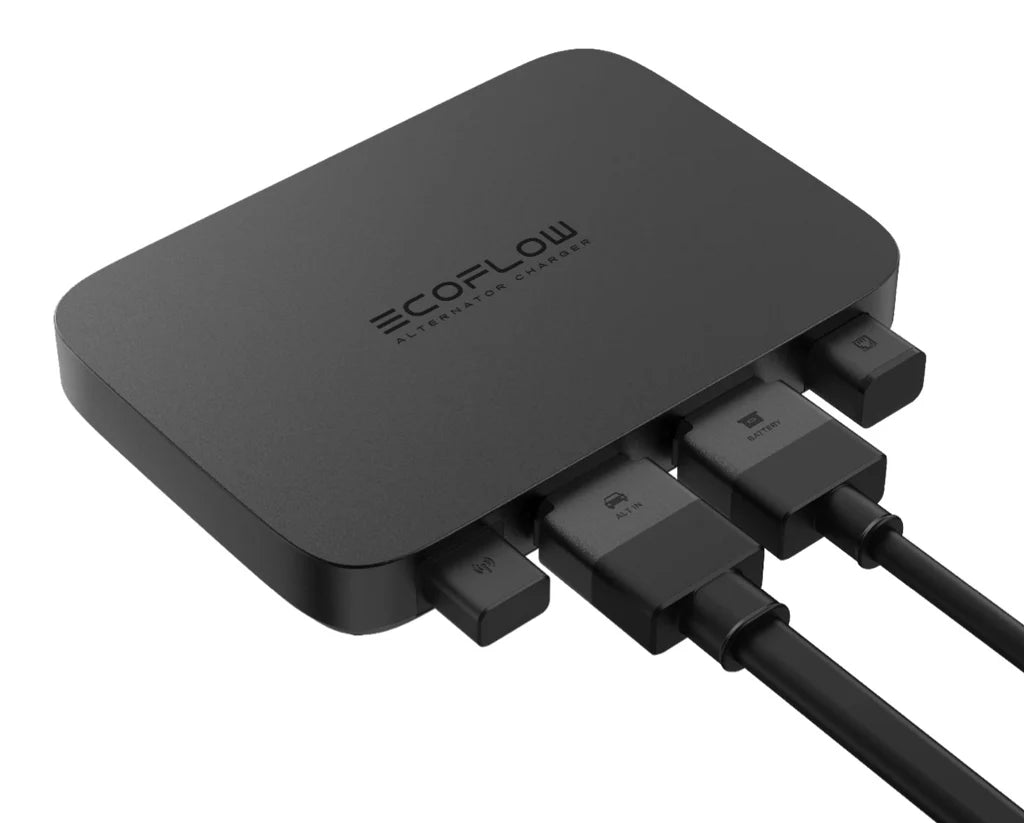 Black EcoFlow device with multiple ports and cables on a white background