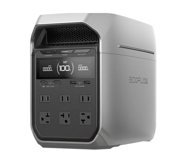 EcoFlow power station with digital display and multiple outlets on a white background