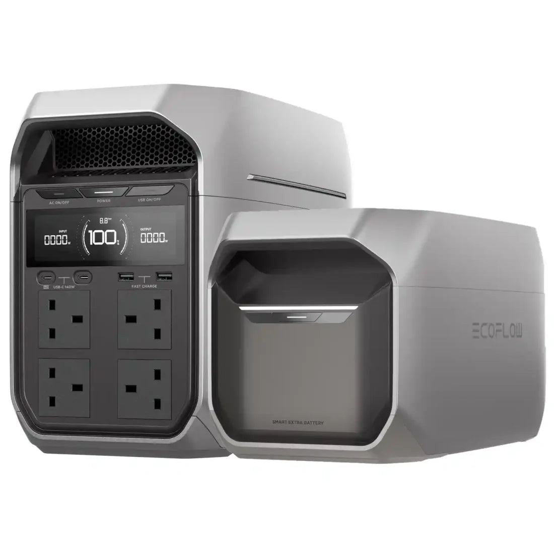 EcoFlow power station with digital display and multiple outlets on a white background