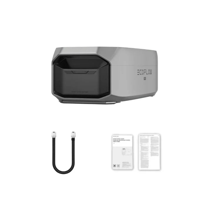 EcoFlow device with power cable and user manual on a white background