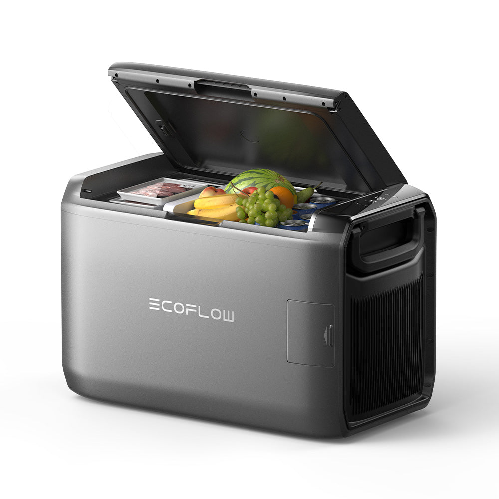 EcoFlow portable refrigerator with open lid showing food items on a white background
