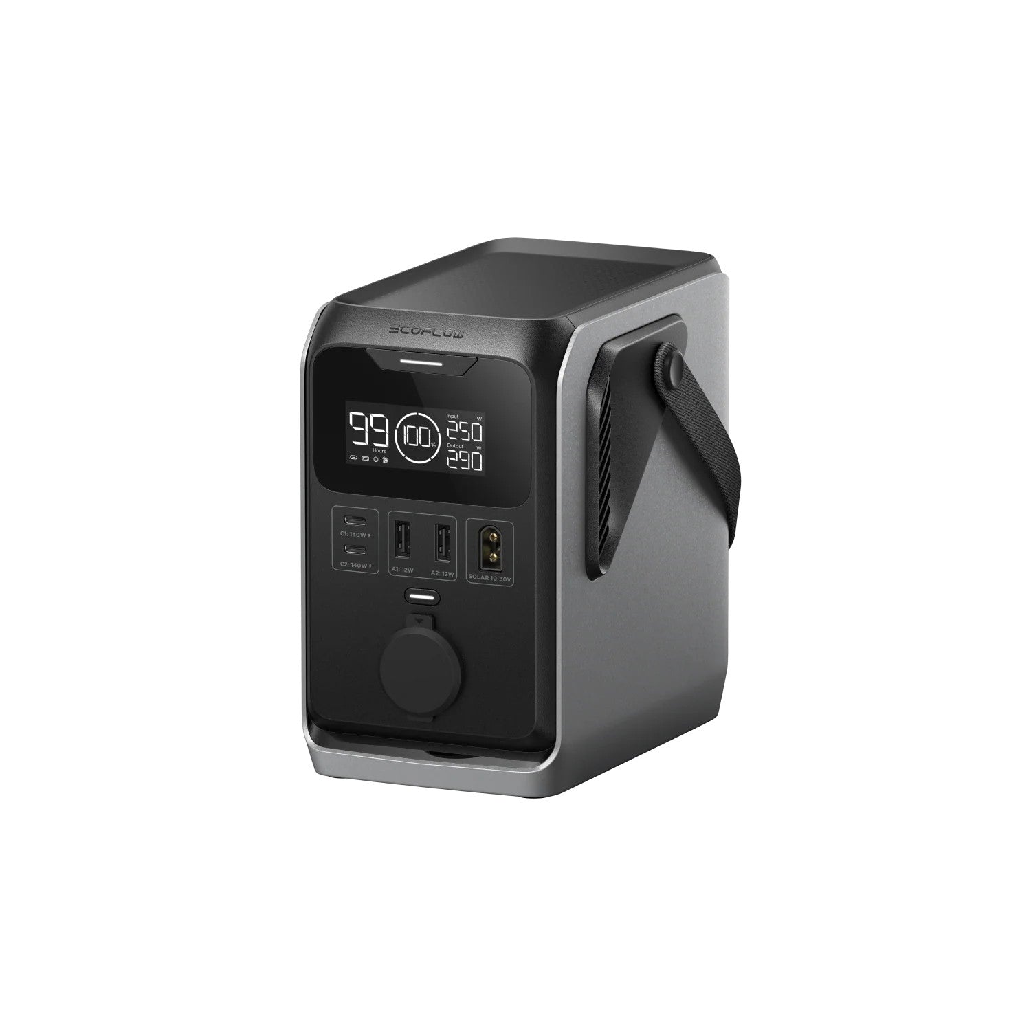 Black power station with digital display on a white background