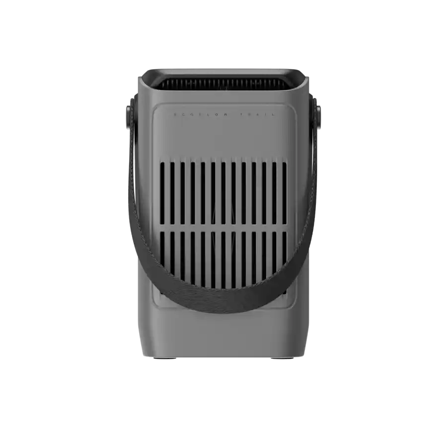Portable air conditioner with a black strap on a white background