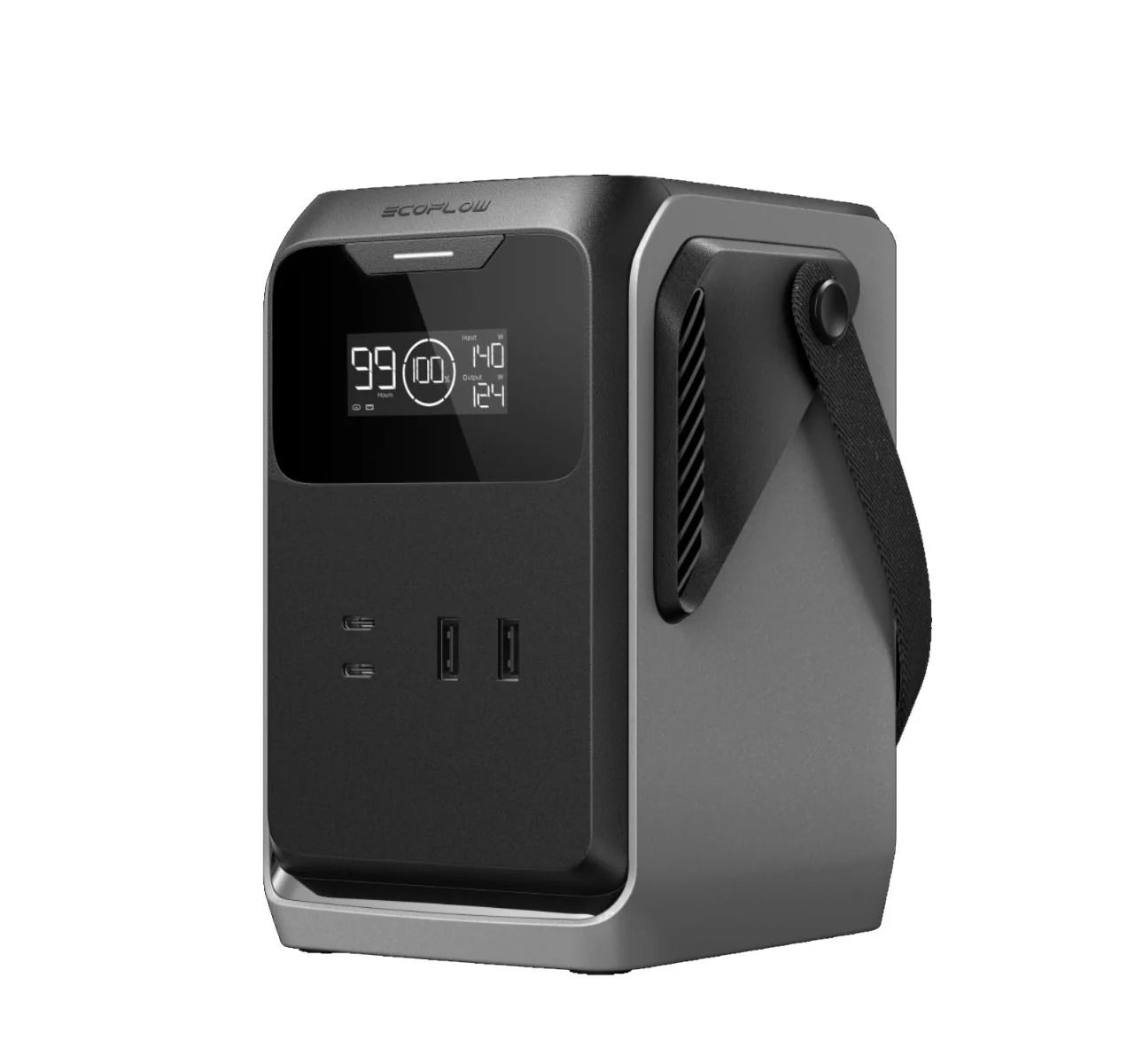 Portable power station with digital display on a white background