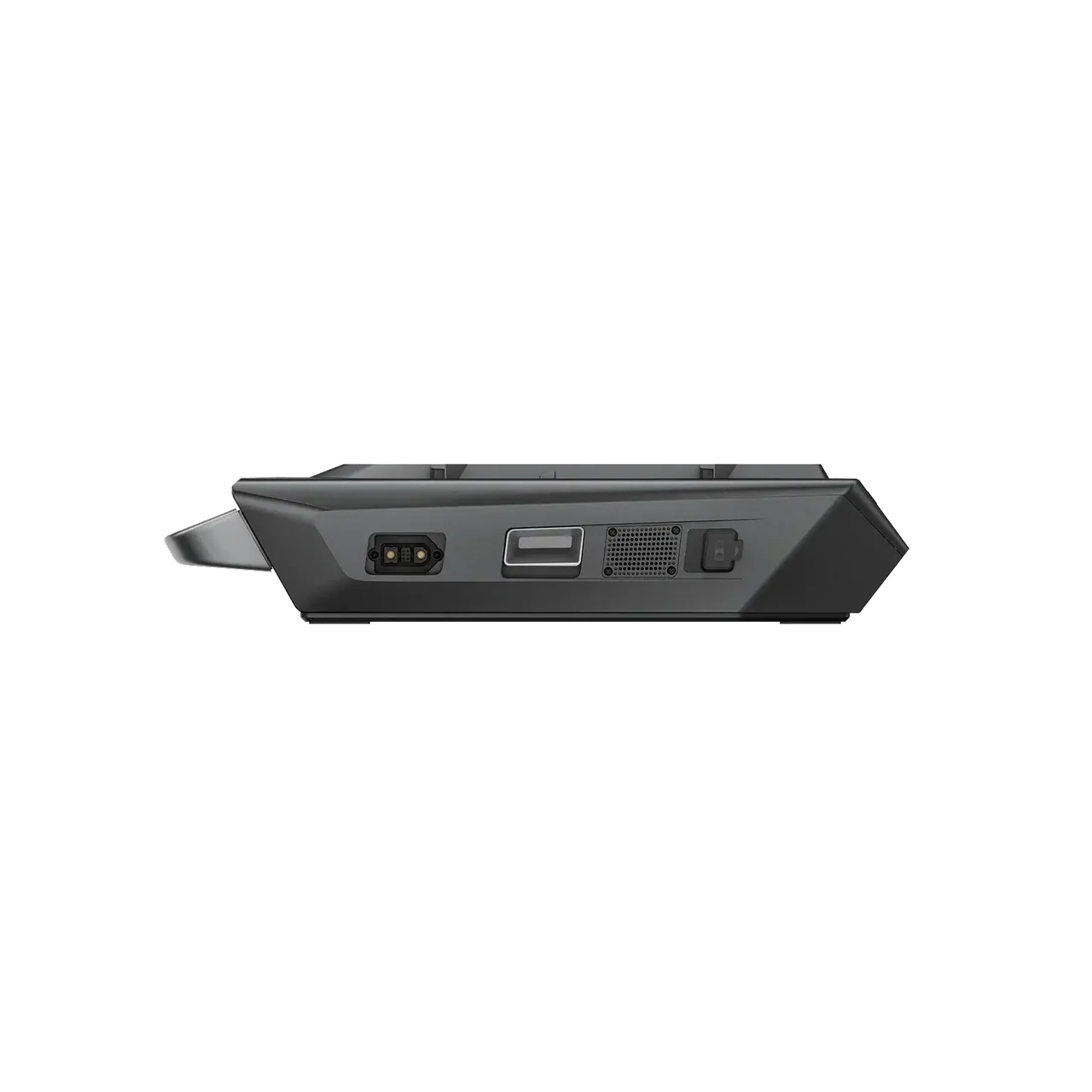 Back view of a black electronic device on a white background