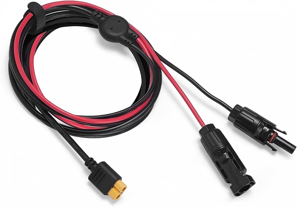 Wiring harness with red and black cables and connectors on a white background