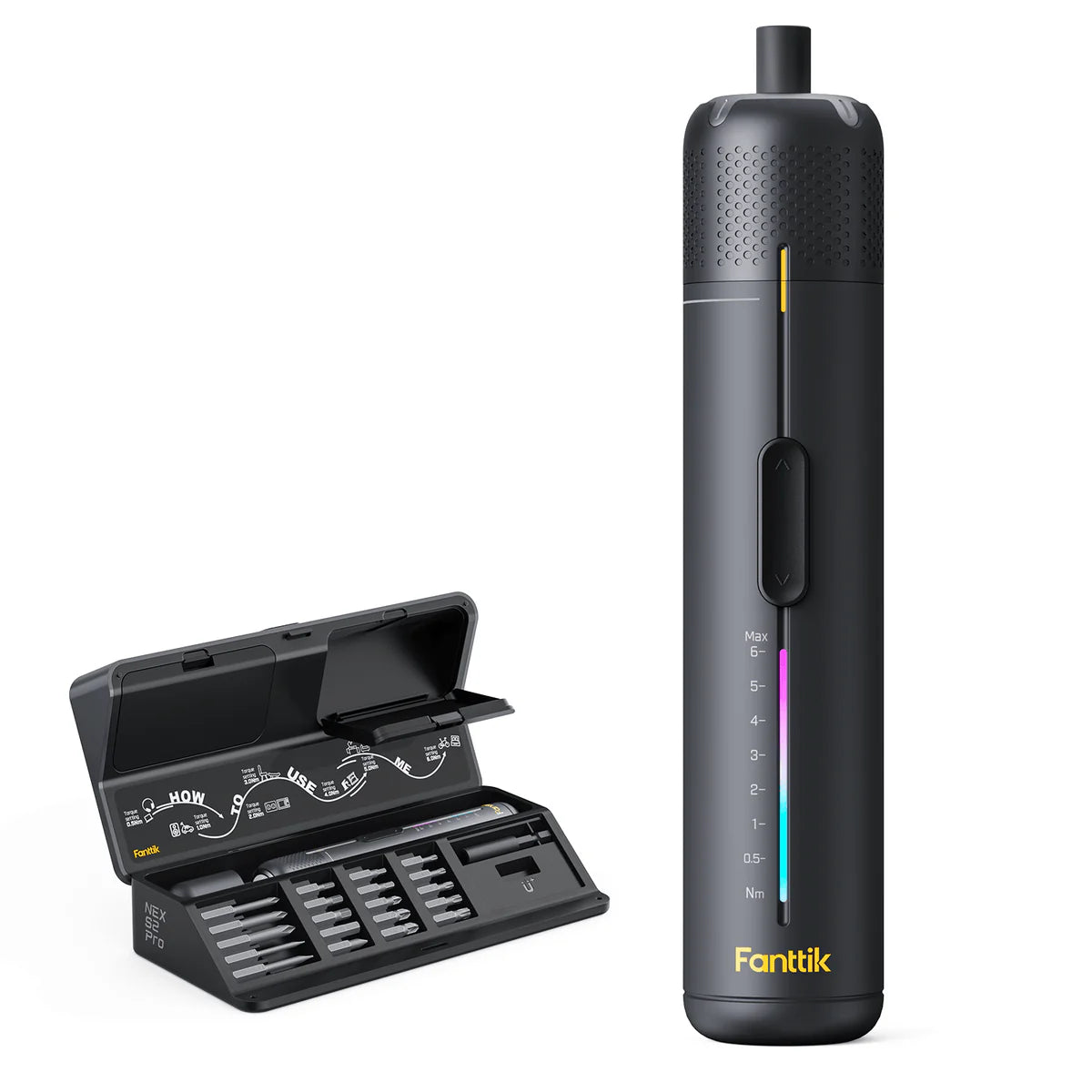 Black electronic device with a carrying case on a white background, featuring the brand 'Fanttik'.