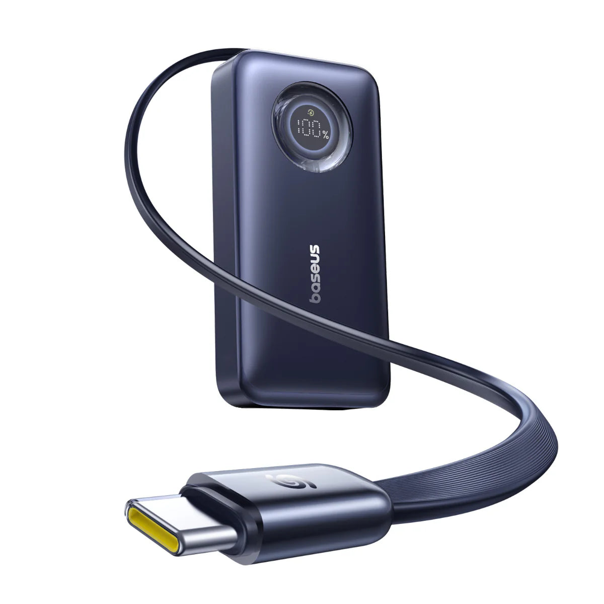 Portable air compressor with digital display and USB-C connection on a white background