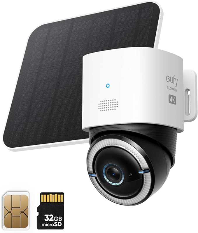 Eufy security camera with solar panel and microSD card on a white background