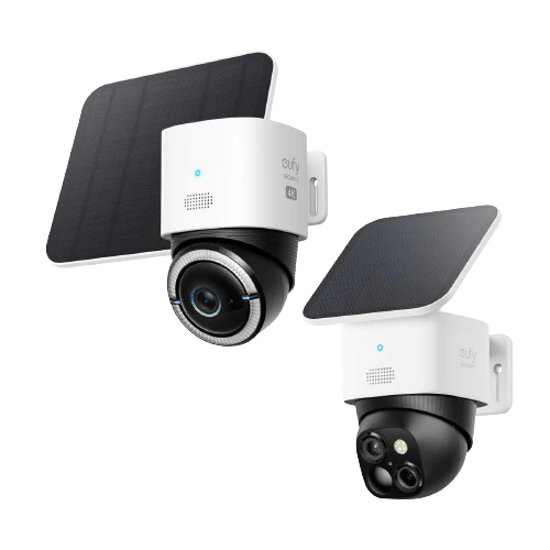 Two security cameras with solar panels on a white background