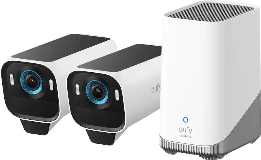 Two security cameras and a central hub with 'eufy' branding on a white background.