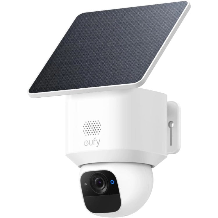 Eufy outdoor security camera with solar panel on a white background