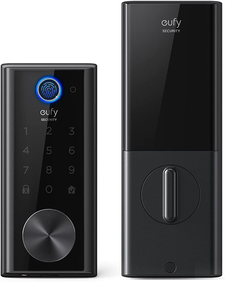 Black electronic door lock with fingerprint sensor and keypad on a white background