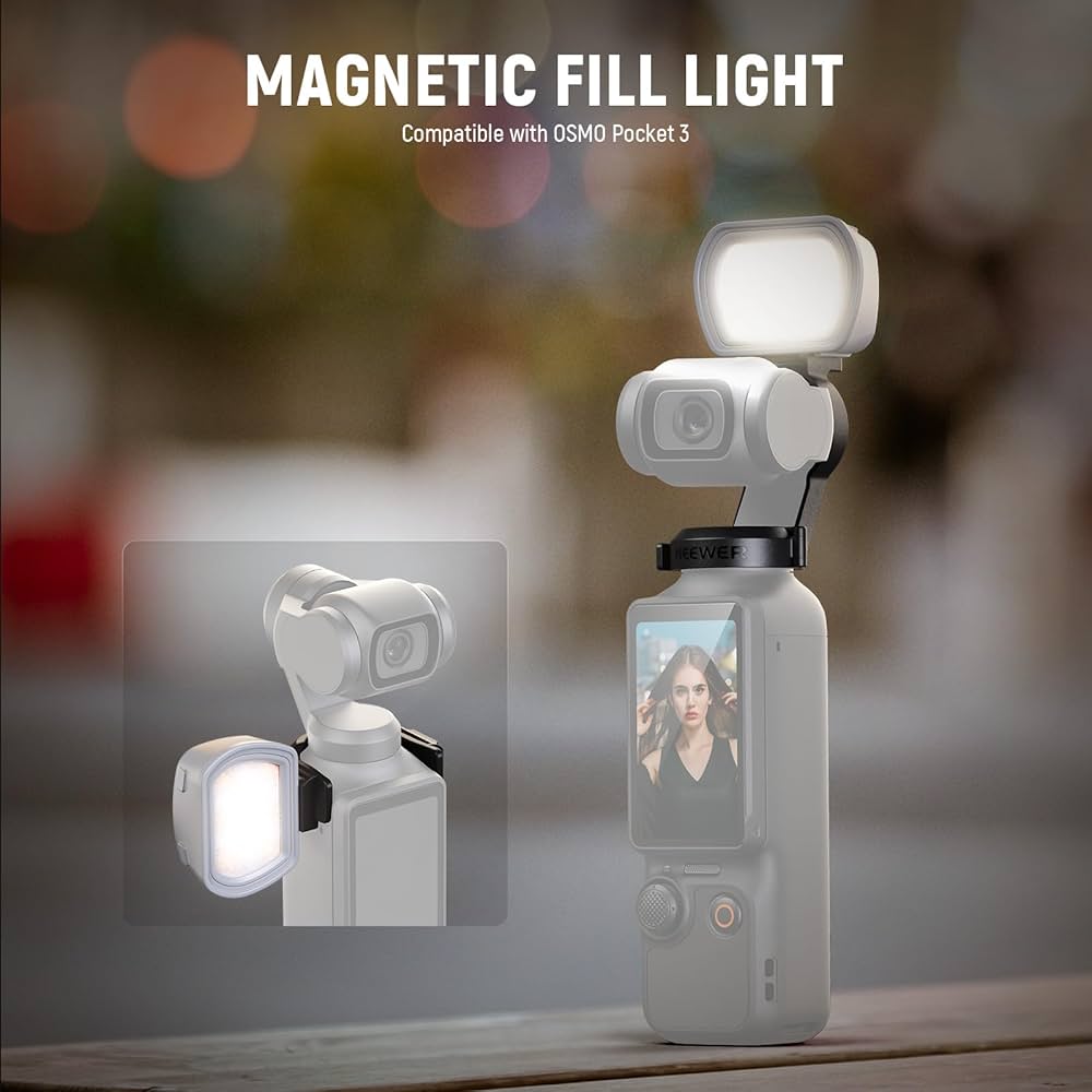Magnetic fill light compatible with Osmo Pocket 3 on a blurred background