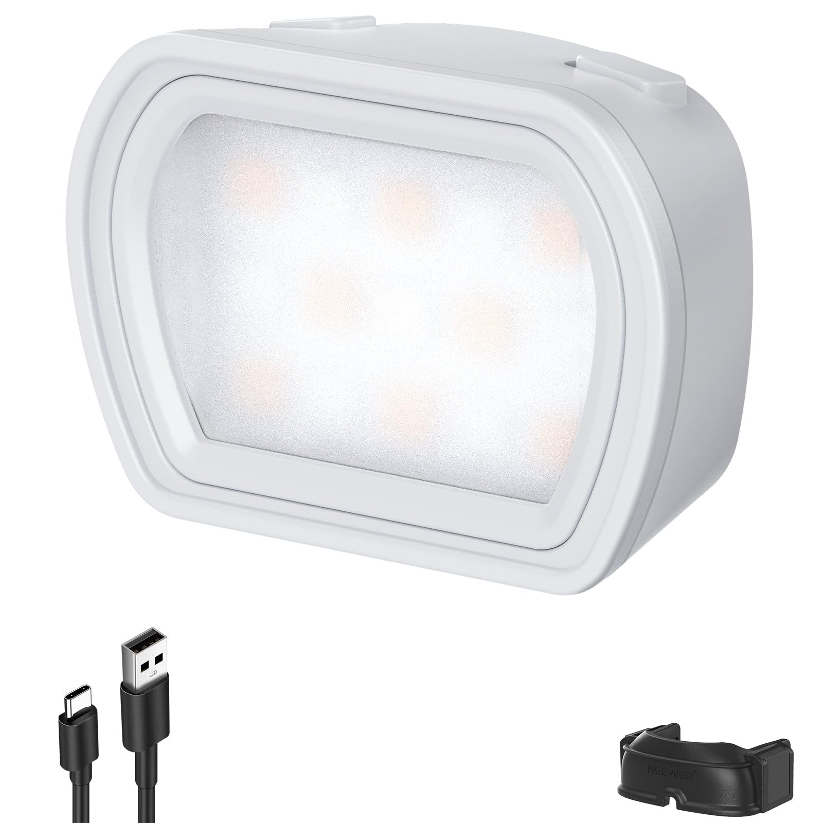 Rectangular white light fixture with USB cable and black clip on a white background