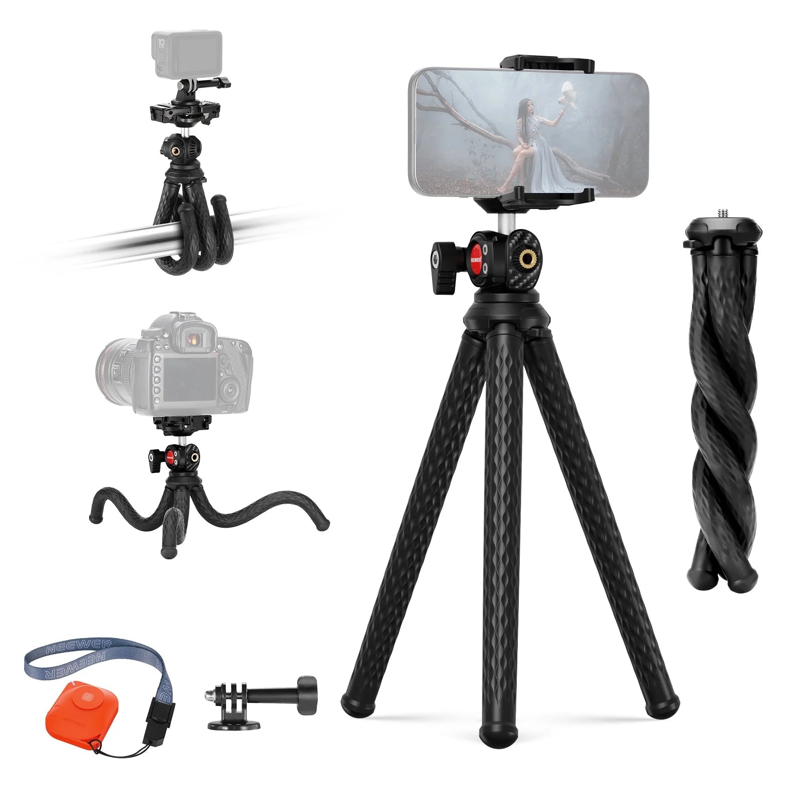 Set of camera tripods and accessories on a white background
