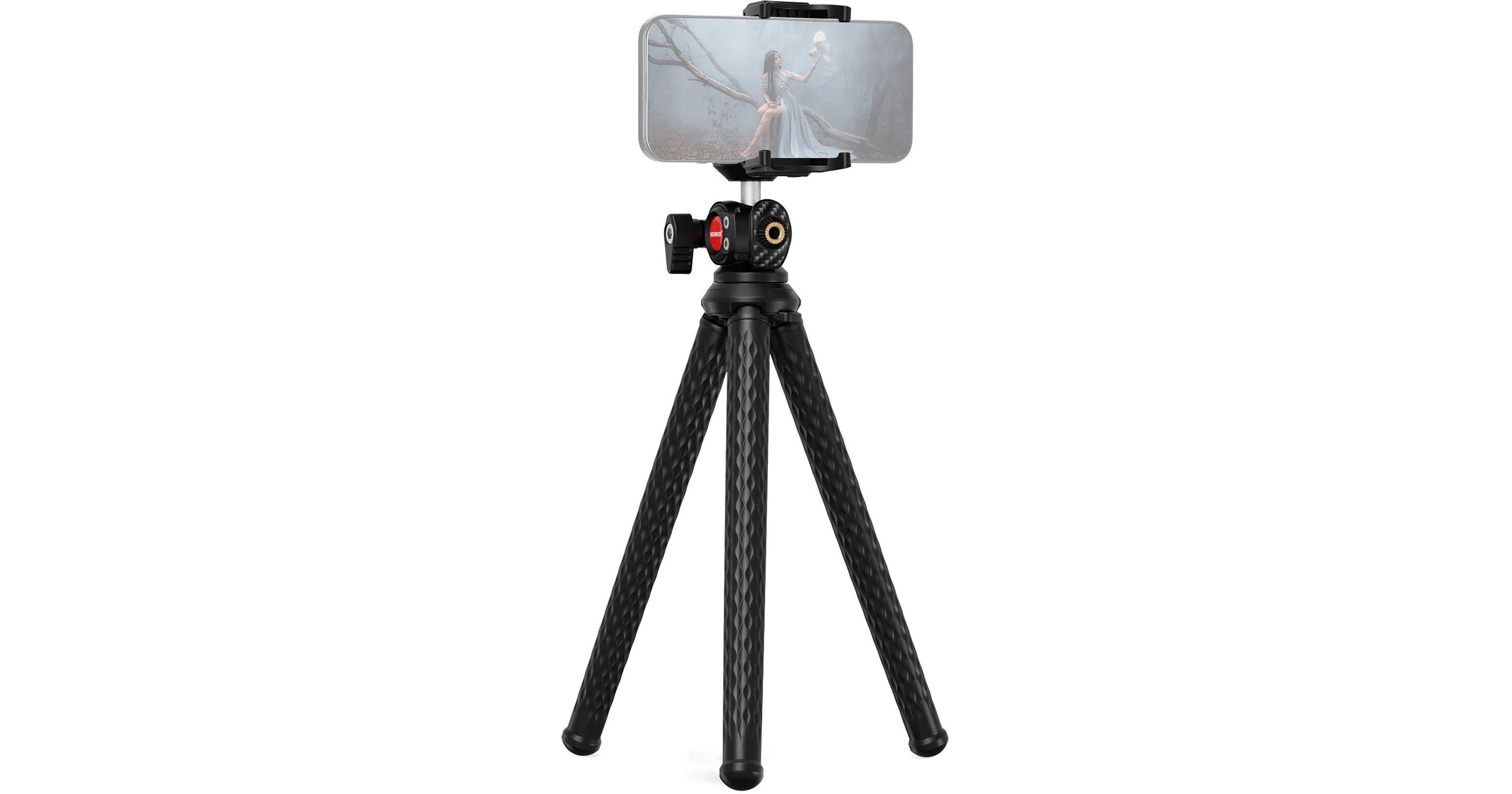 Phone on a tripod with a white background