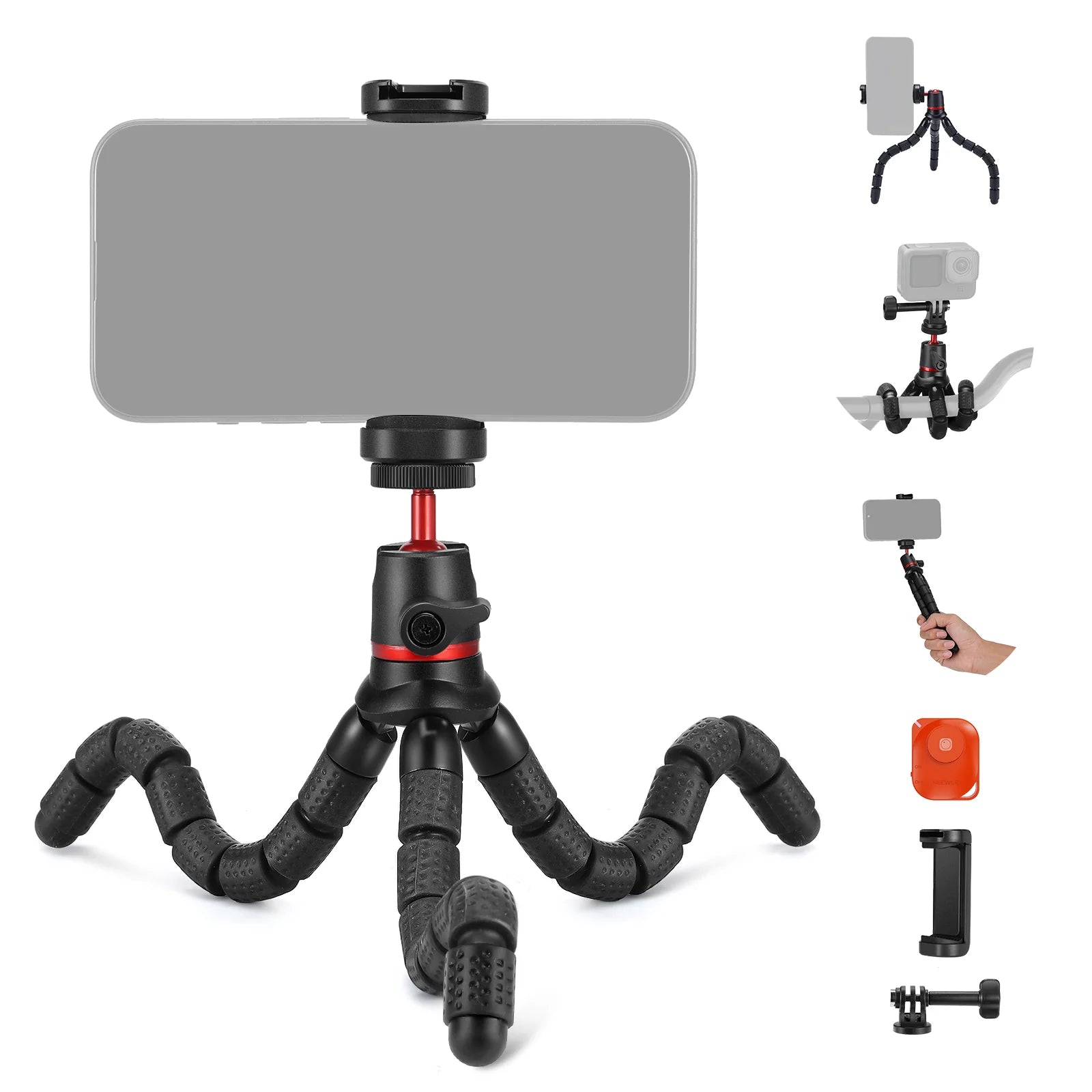 Phone holder with flexible tripod and additional attachments on a white background