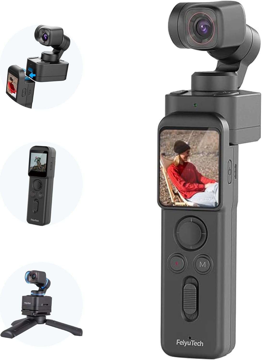 FeyuTech camera gimbal with remote control and additional camera lenses on a white background