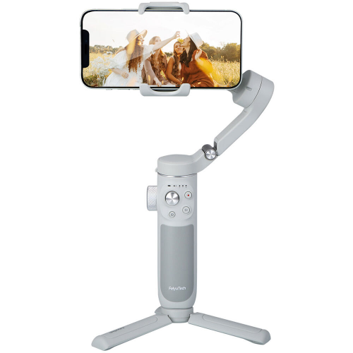 Handheld smartphone stabilizer with phone mount on a white background