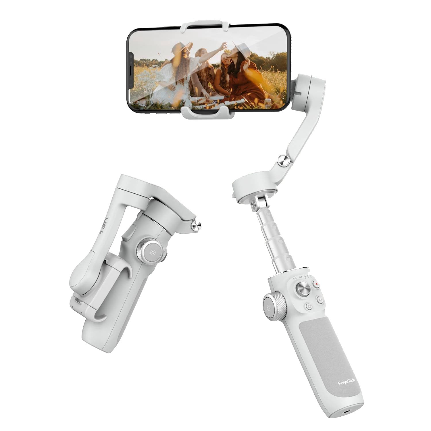 White smartphone gimbal with phone holder on a white background