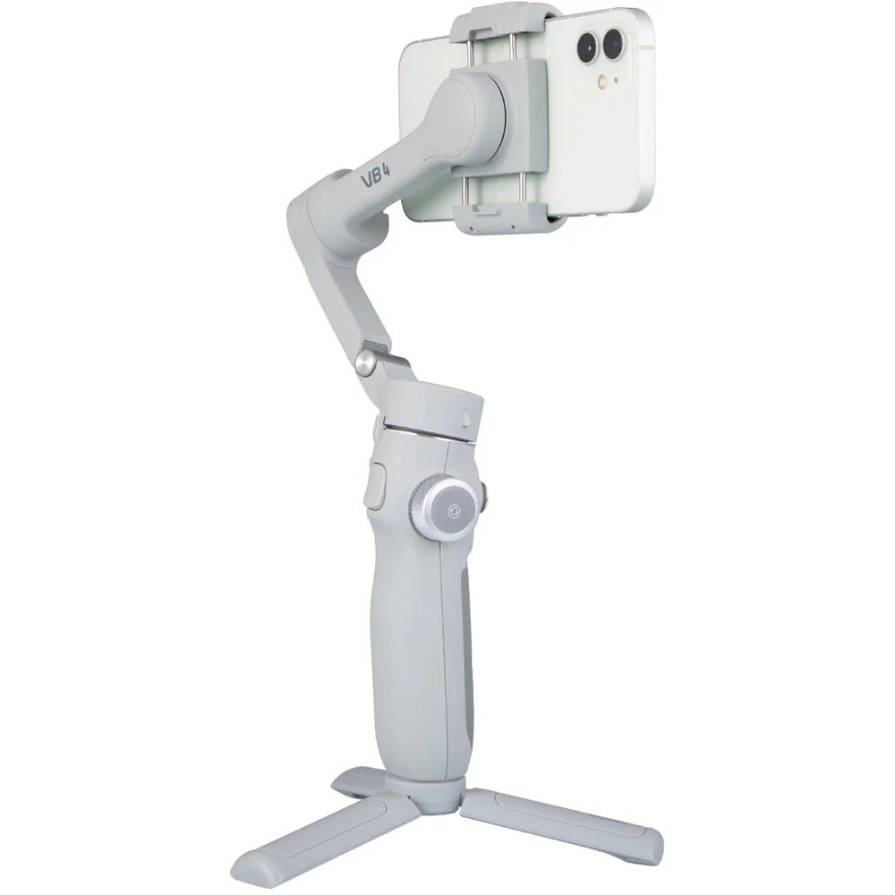White smartphone gimbal with a phone attached on a white background