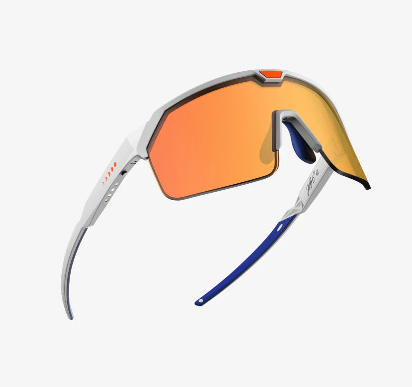 Sunglasses with orange lens and blue arm on a white background