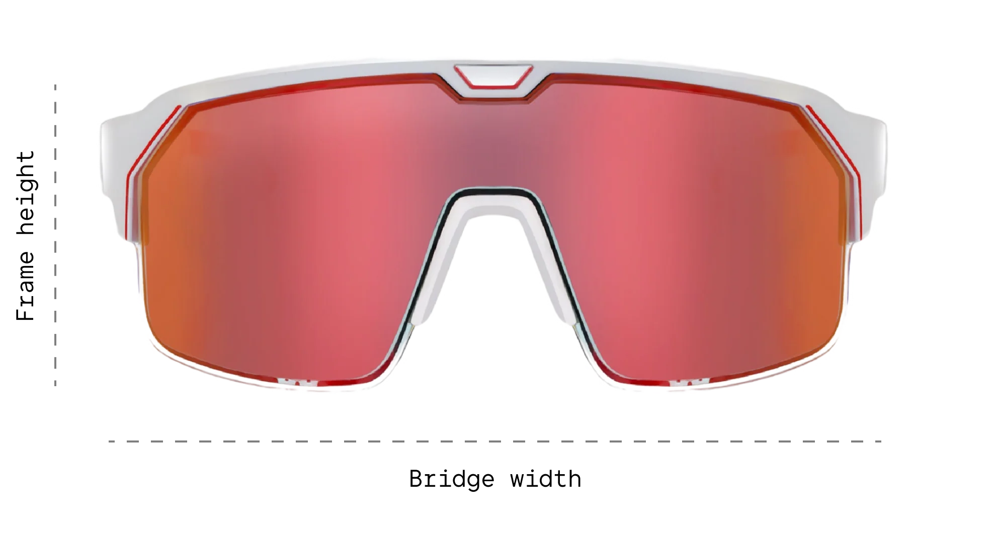 Sunglasses with labeled frame height and bridge width on a white background