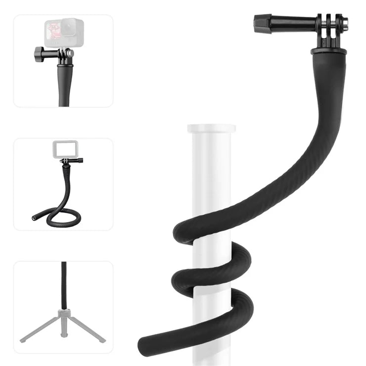 Black flexible arm with various attachments on a white background