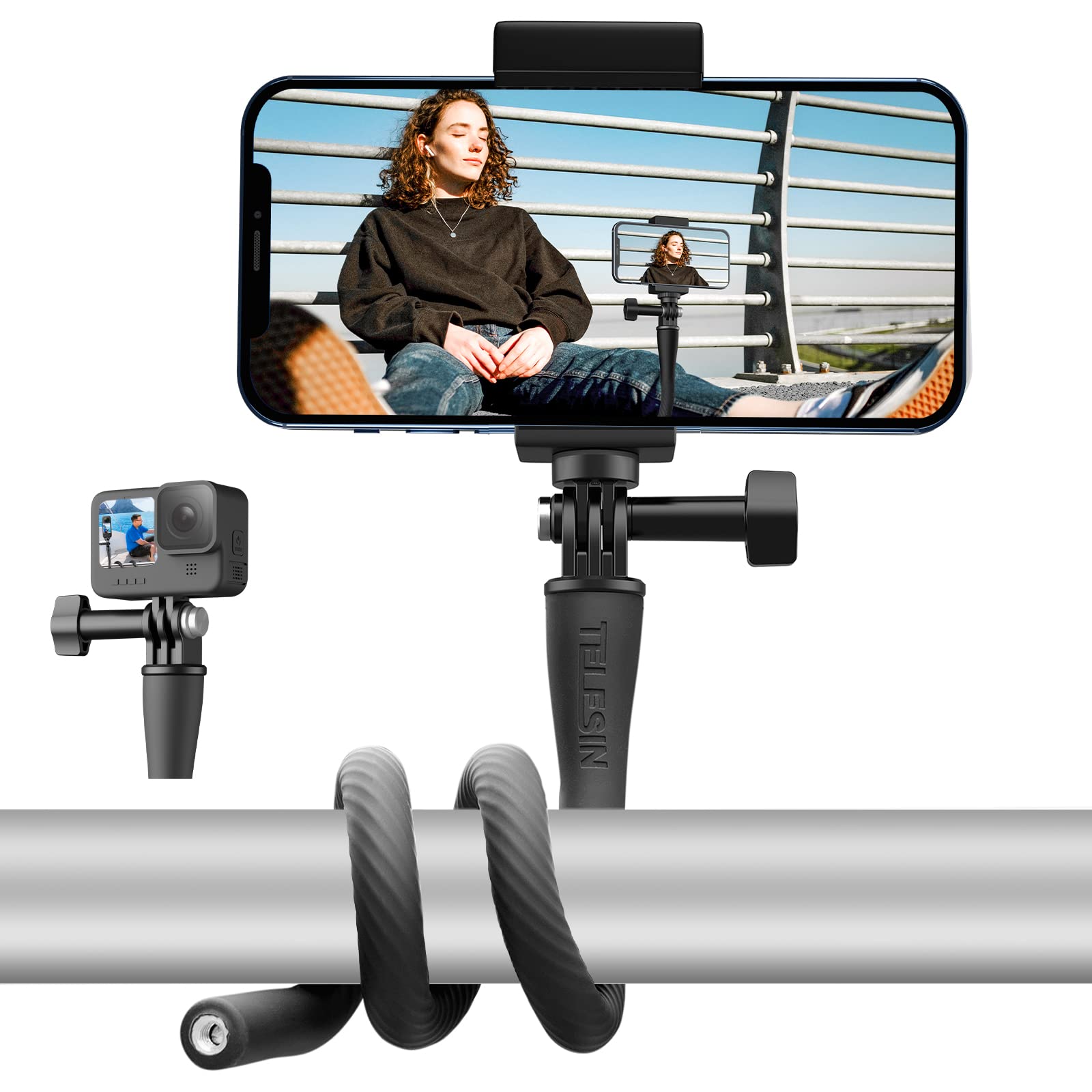 Smartphone mounted on a flexible tripod with a GoPro camera attached, displaying a video call.