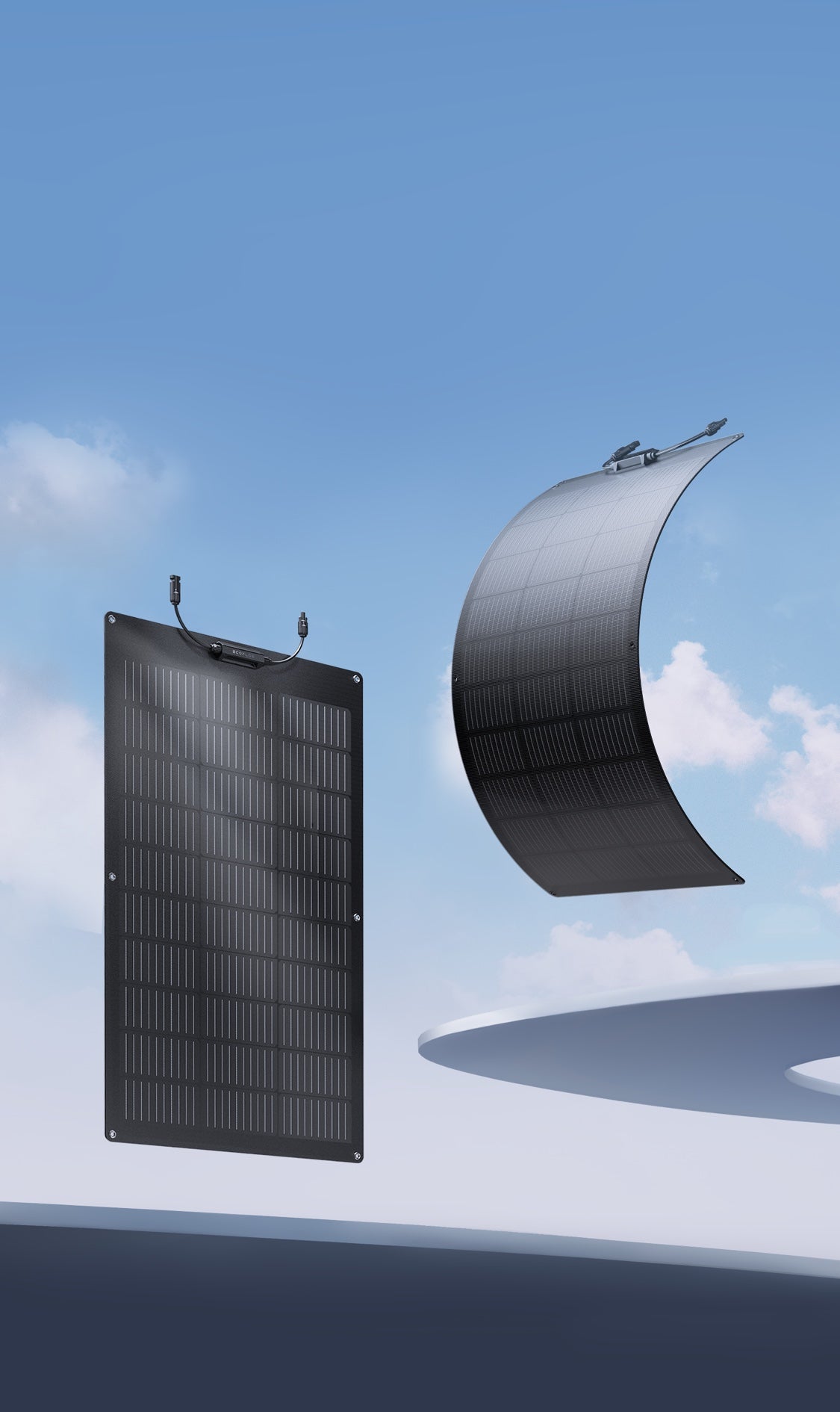 Two solar panels, one flat and one flexible, against a blue sky background.