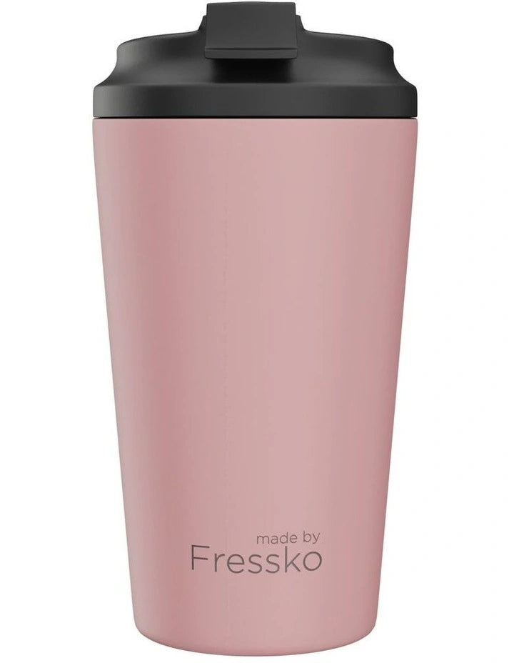 Pink tumbler with black lid on a white background, branded 'made by Fressko'.