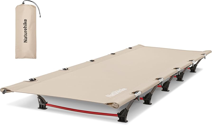 Beige camping cot with red support rod on a white background, featuring the brand 'Naturehike'.