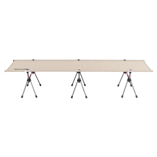 Portable folding table with beige surface and metal legs on a white background