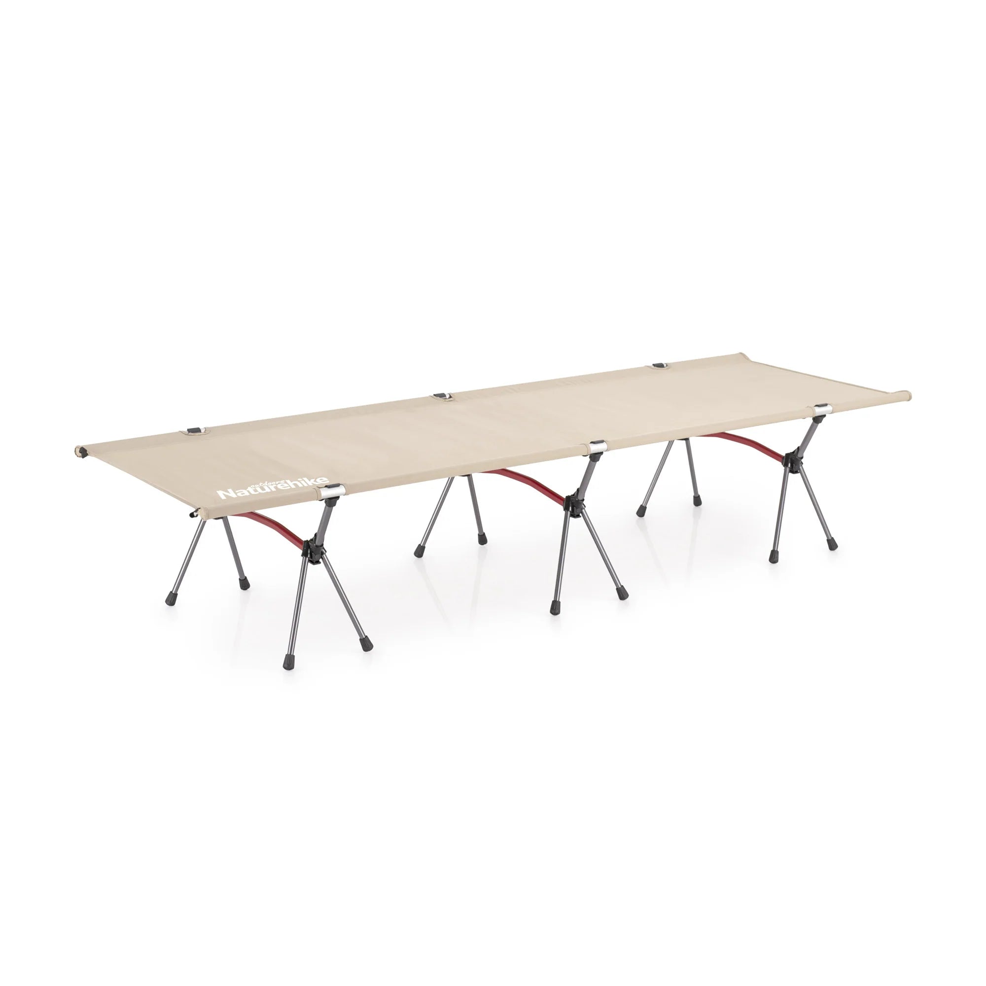 Beige camping cot with metal legs on a white background