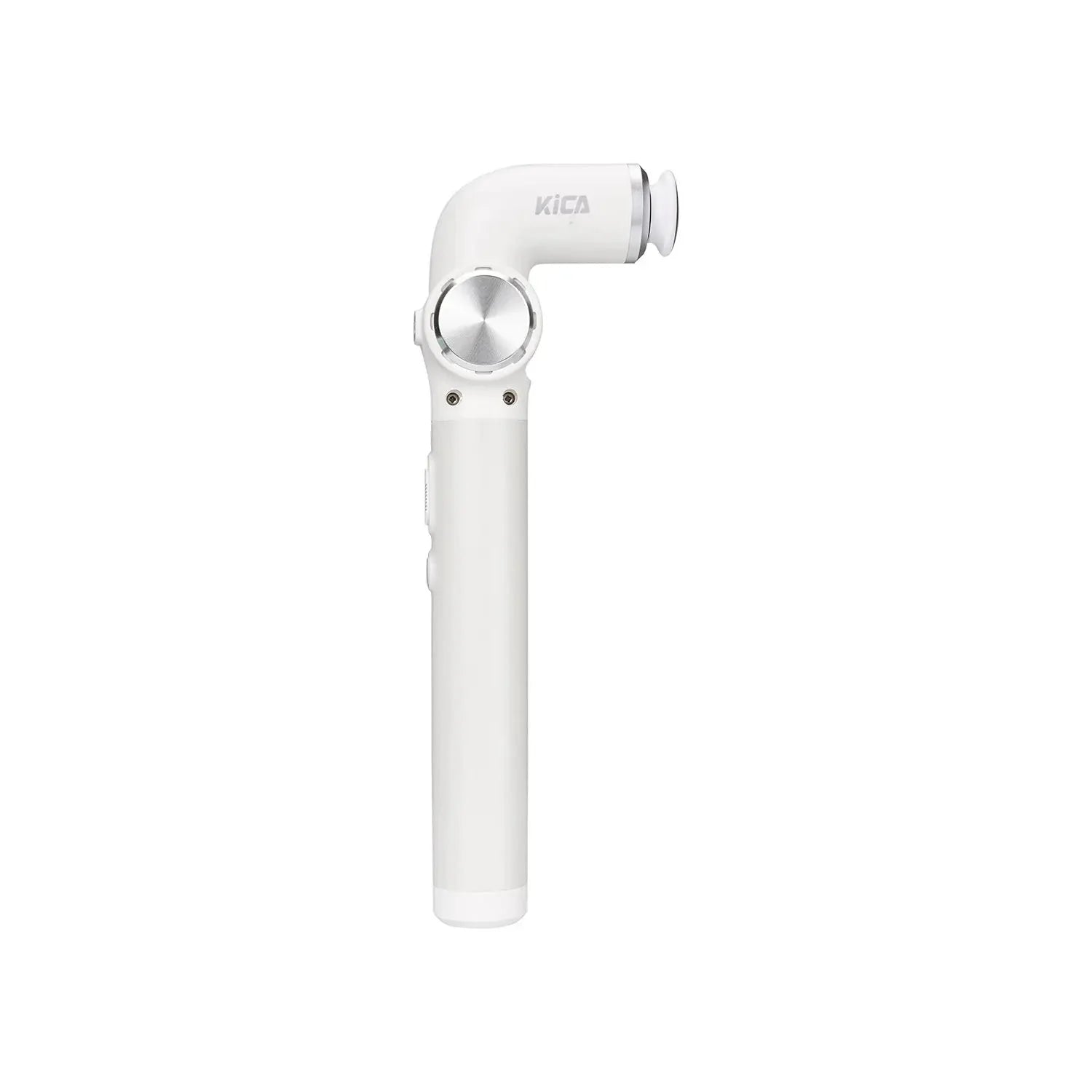 White handheld device with a circular component on a white background