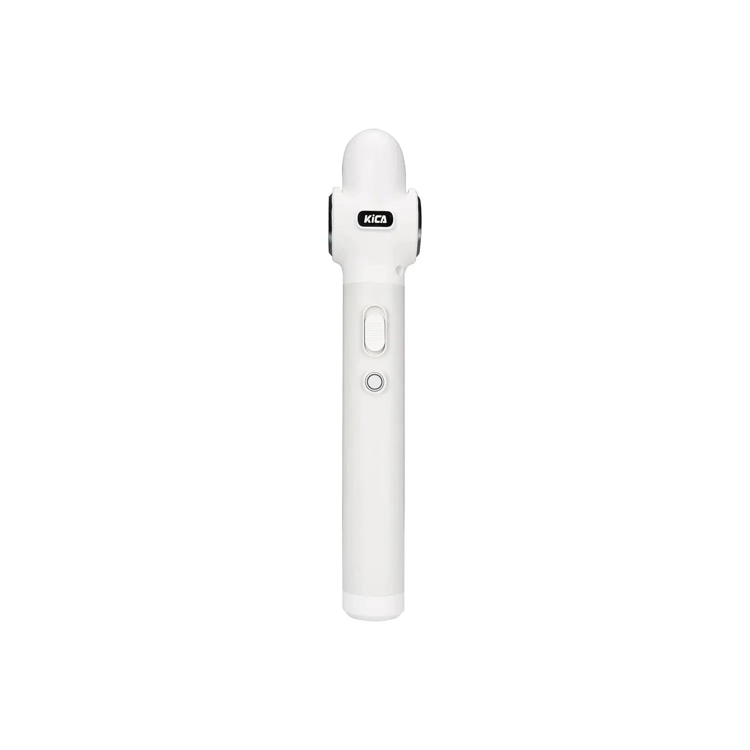 White electronic device with a brand logo on a white background