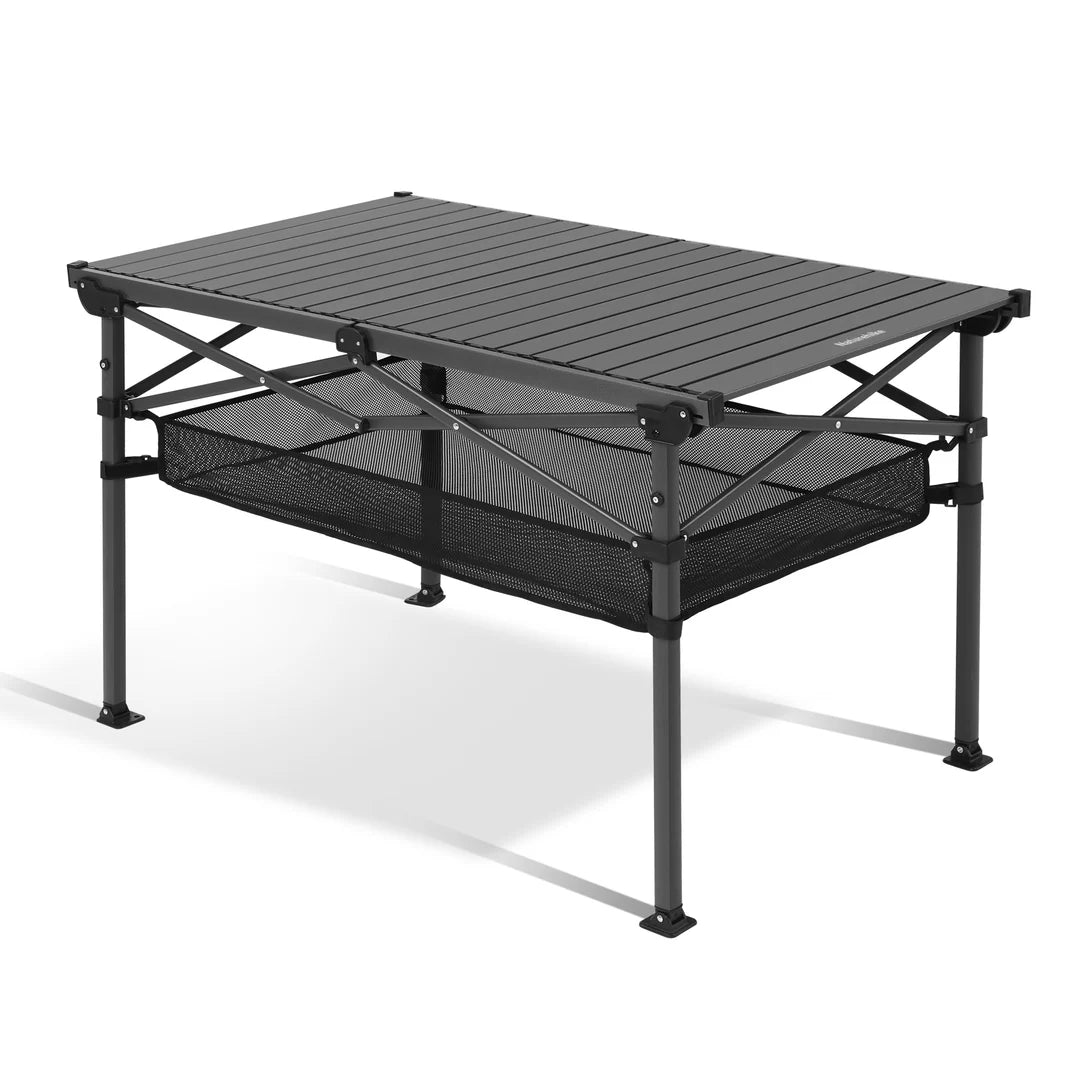 Portable camping table with mesh storage drawers on a white background